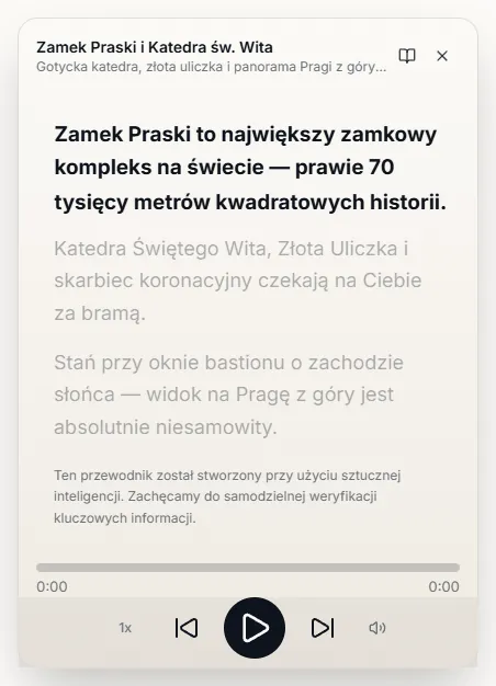 Odtwarzacz przewodnika audio — transkrypt, kontrolki odtwarzania i okno dialogowe na stronie wycieczki.
