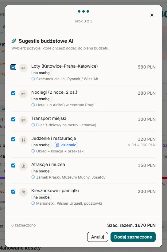 Dialog szacowania budżetu AI — lista kategorii wydatków z kwotami i rekomendacjami dla wybranego stylu podróżowania.