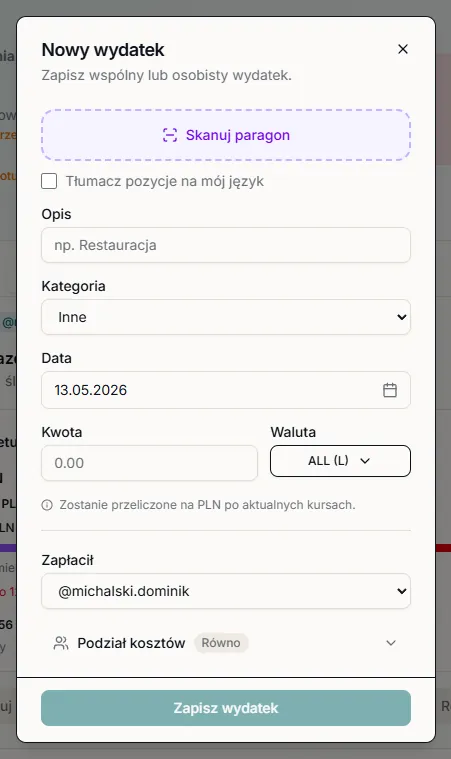 Dialog nowego wydatku z opcją skanowania paragonu — AI rozpoznaje pozycje i dzieli koszty per produkt.