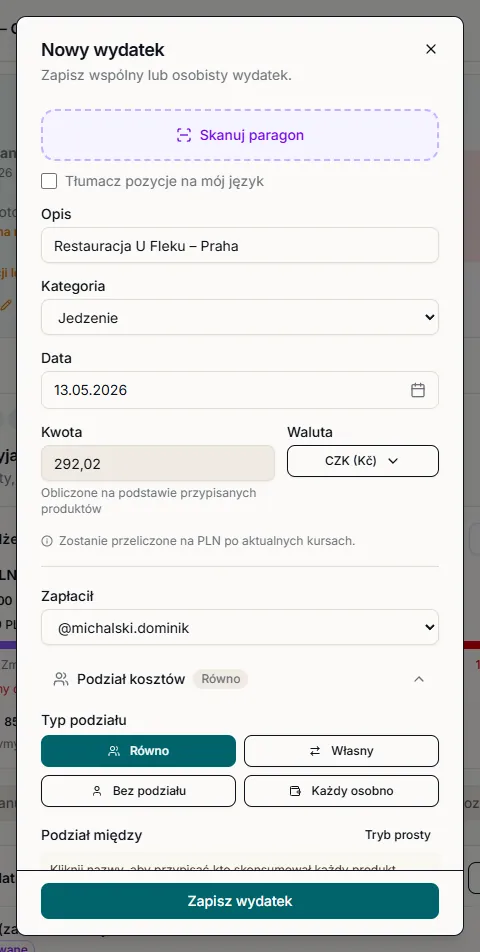 Dialog dodawania wydatku z pozycjami paragonu — każdy uczestnik zaznacza swoje pozycje do podziału kosztów.