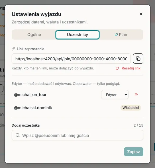 Dialog ustawień wyjazdu — zakładka Współpodróżnicy z opcją zapraszania przez link i e-mail.