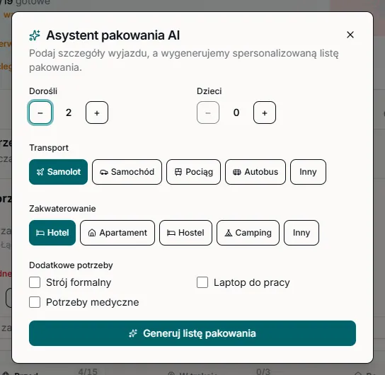 Dialog generowania listy pakowania przez AI — dopasowanie do długości wyjazdu i pogody.