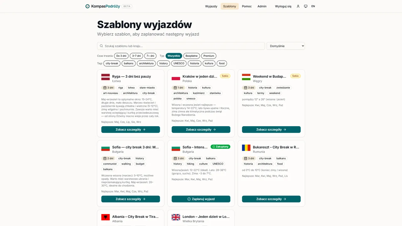 Lista szablonów podróży — karty wyjazdów z flagą, długością i ceną.